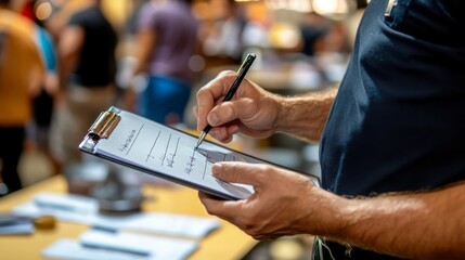 A server in a black shirt writes customer orders on a clipboard in a crowded restaurant filled with patrons enjoying their meals and conversations