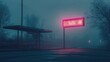 © Timeless Touch - A bus stop in a sleepy suburban area at dawn, neon billboard casting a bright glow while the dark street adds to the sense of isolation and stillness