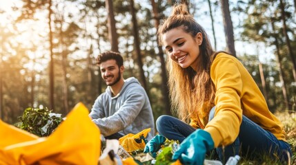 Two young adults in casual attire engage in a community gardening project, collecting leaves and debris on a sunny autumn day in the forest