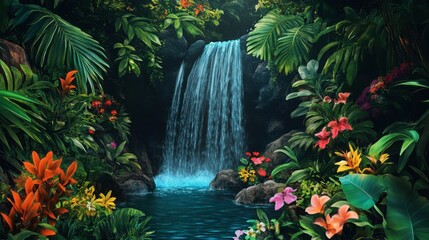 A hidden waterfall in a tropical jungle, surrounded by vibrant green foliage and exotic flowers.