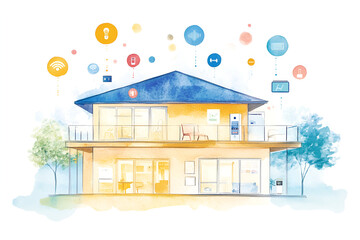 Watercolor illustration of a smart home with various connected devices and icons