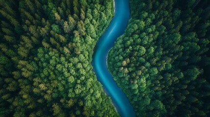 Wall Mural - The view captures a winding river snaking through dense forests, showcasing various shades of green under bright daylight, emphasizing nature's beauty