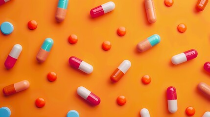 Medication tablets and colorful capsules on an orange background