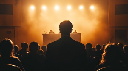 Wall Mural - A speaker stands at the front of an auditorium, with their back to the audience, illuminated by stage lights while participants engage in a lively conference discussion