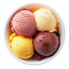 Wall Mural - Top view of a bowl with three scoops of ice cream chocolate, vanilla and strawberry.