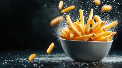 Crispy golden fries cascading into a bowl, capturing the essence of deliciousness and comfort food in every bite.