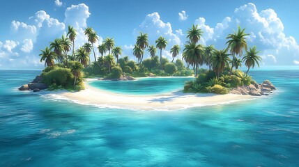 Canvas Print - vector design of a stylized tropical island with palm trees white sand beaches and turquoise waters 