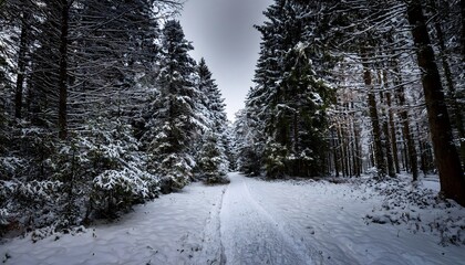 dense forest with a snow covered path along the road