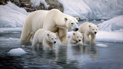 A mother polar bear sits with her two curious cubs on the icy landscape of an Arctic island, enveloped in snow and soft winter light that enhances their fluffy fur