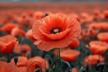 Wall Mural - Vibrant red poppy flower stands tall among a field of blooming poppies during early morning light in a tranquil landscape