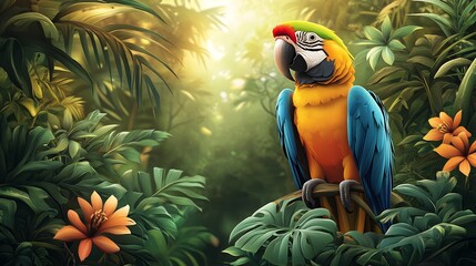 Canvas Print - vector design of a stylized tropical jungle with vibrant parrots exotic plants and towering trees cr