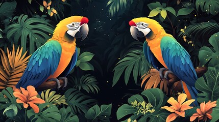 Wall Mural - Vector design of a stylized tropical jungle with vibrant parrots exotic plants and towering trees creating a lively and colorful scene full of energy