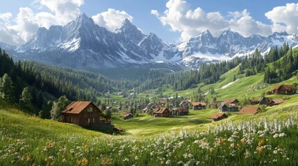 A picturesque mountain village with traditional alpine architecture, nestled among towering peaks and green meadows.