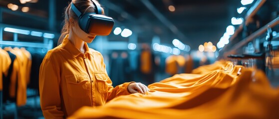 A woman in a virtual reality headset explores clothing options in a modern retail environment, showcasing technology and fashion.