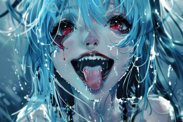 A blue-haired character displays a playful expression, her red eyes gleaming as water droplets cascade around her, creating a lively atmosphere