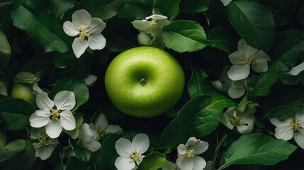 A bright green apple surrounded by fresh leaves and blossoms, capturing the essence of nature simplicity and beauty