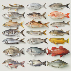 Wall Mural - Photo set of various different fishes, no background transparent