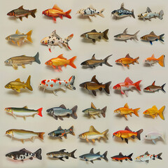 Wall Mural - Photo set of various different fishes, no background transparent