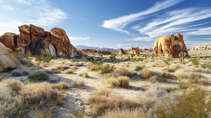 A scenic desert view with large rock formations and expansive sandy plains under a clear blue sky.