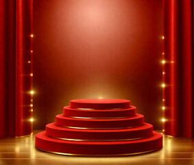 Luxury round red stage podium view on red background with lighting