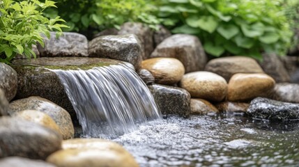 A small waterfall gently flowing over a series of smooth stones in a tranquil garden setting.