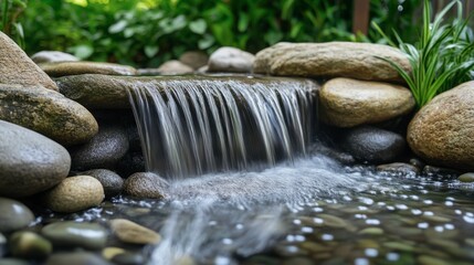 A small waterfall gently flowing over a series of smooth stones in a tranquil garden setting.