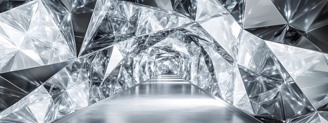 A futuristic crystal tunnel with silver metal accents, architectural photography