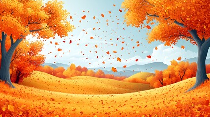 Canvas Print - vector design of a stylized autumn landscape with falling leaves golden trees and rolling hills evok
