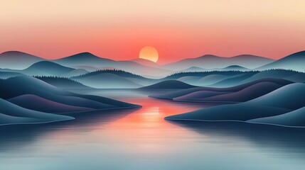 Wall Mural - Vector design of a stylized abstract landscape with rolling hills a calm river and soft gradients of pastel colors creating a peaceful and serene atmosphere