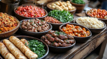 Wall Mural - Colorful spread of various dishes in bowls on a wooden table.