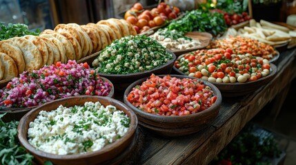 Wall Mural - A vibrant display of fresh salads and toppings at a market.