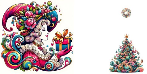 Colorful horizontal illustration of rococo lady holding Christmas gift present box with tree on white background 