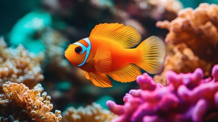 A vibrant orange fish swimming among colorful coral in a clear, tropical ocean.