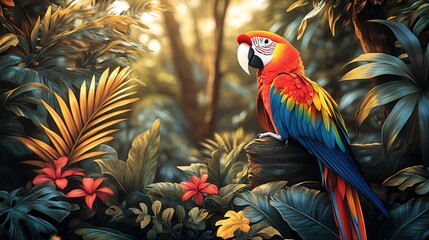 Wall Mural - Vector design of a stylized tropical jungle with vibrant parrots exotic plants and towering trees creating a lively and colorful scene full of energy