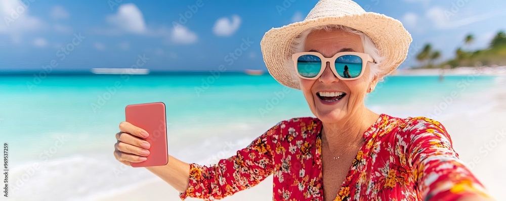 Elderly woman capturing a selfie while enjoying a quiet moment at a ...