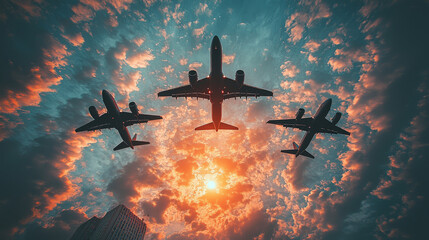 Wall Mural - Three airplanes fly in formation against a vibrant sunset sky.