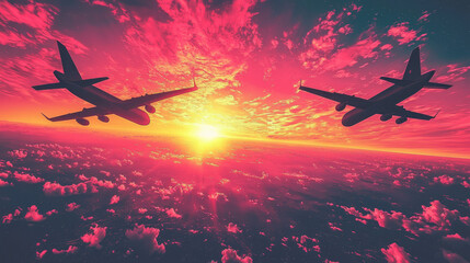 Wall Mural - Two airplanes fly in silhouette against a stunning sunset.