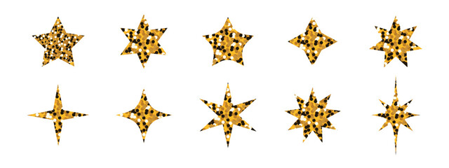 Set of glitter gold  stars. Collection of vector illustrations isolated on white background. Glowing golden shimmer stickers, clip art for poster, banner Christmas and  New Year design. 