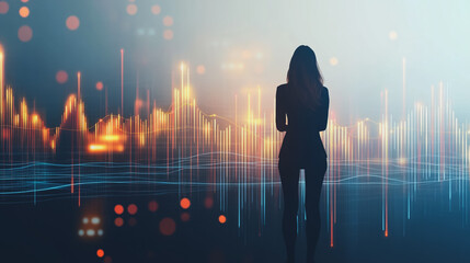 Abstract business woman stands on the peak of success amid tall, innovative Smart city and graphs with statistics to analyze business potential and predict future developments in company growth.