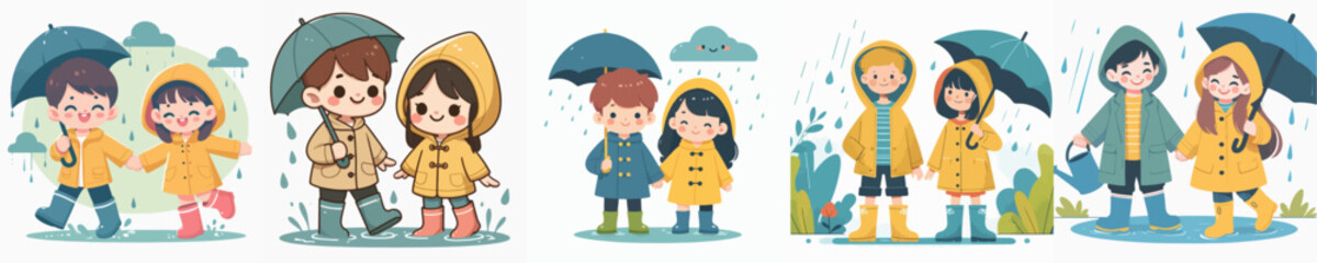 vector collection of children wearing raincoats and boots in the rain