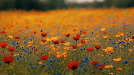 A wildflower field in full bloom, with vibrant red, yellow, and blue flowers spreading across the landscape.