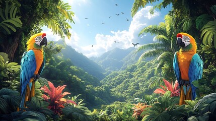 Canvas Print - Vector design of a stylized tropical jungle with vibrant parrots exotic plants and towering trees creating a lively and colorful scene full of energy