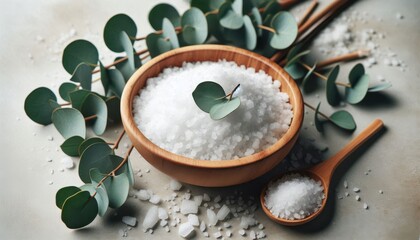 This image showcases a bowl of coarse sea salt with eucalyptus branches, emphasizing natural bath and body products..Concept: Natural Bath and Body Products