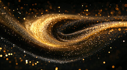 Scattered swirling gold particles on black background. Holiday background. Generative AI