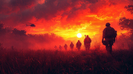 Silhouettes of soldiers walking through a field at sunset with a helicopter in the sky.