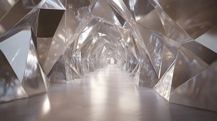 A futuristic crystal tunnel with silver metal accents, architectural photography