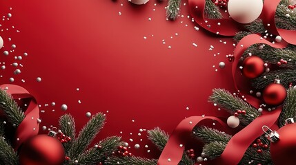 Festive red background adorned with Christmas decorations and greenery for holiday celebrations and events