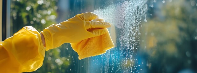 A person cleans a window with a yellow cloth while wearing protective gloves on a sunny day in a residential area