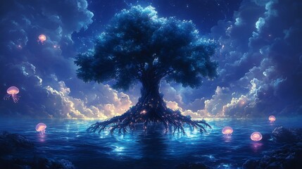 Canvas Print - vector design of a surreal dreamscape where a giant tree grows in the middle of the ocean its roots 