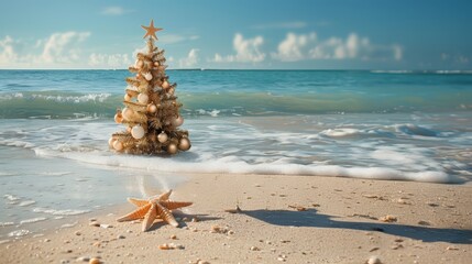 Wall Mural - Christmas tree decorated on a sandy beach. Summer Xmas holidays on a tropical island